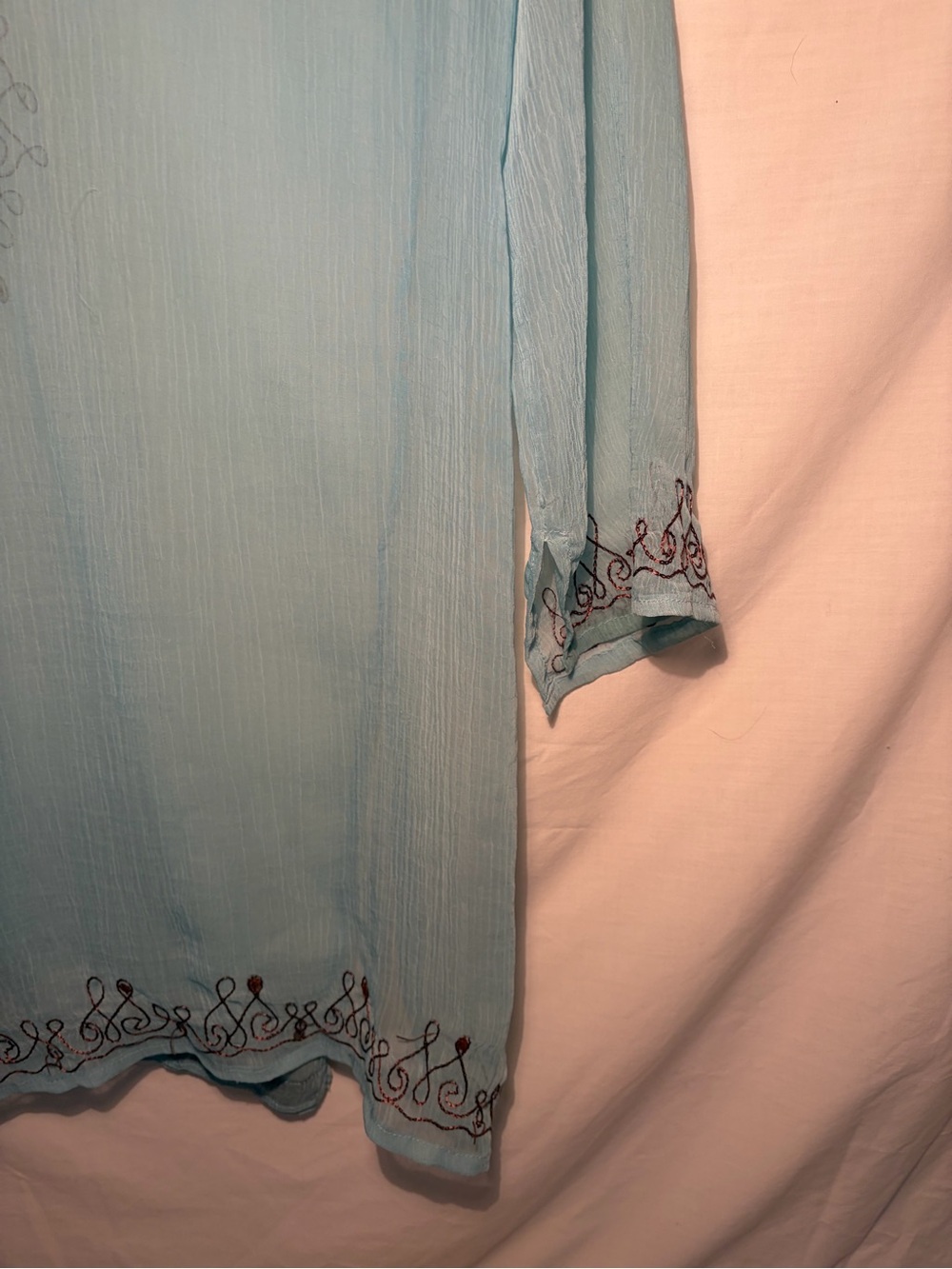 Alkii Light Blue Tunic w/Brown Embroidered V-Neck cover up size M - Picture 3 of 6